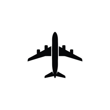 Black silhouette of a large four-engine passenger airplane viewed from directly above, isolated on a white background, for travel