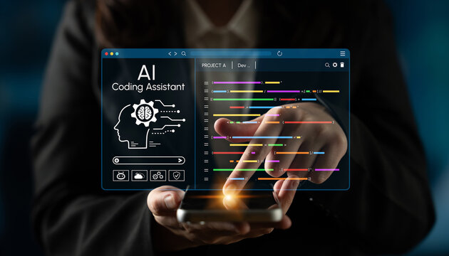 Futuristic AI Coding Assistant Interface with Human Interaction, Touchscreen Technology, Data Visualization, and User-Friendly Design Concepts. Entropy.