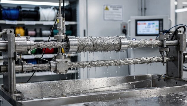 Medium shot showing wet cordage samples undergoing tensile strength tests on specialized machinery to assess performance and durability under saturated conditions.