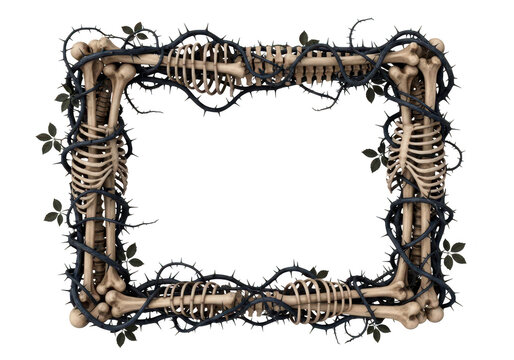 Rectangular frame made of human bones and twisted dark vines isolated on transparent background