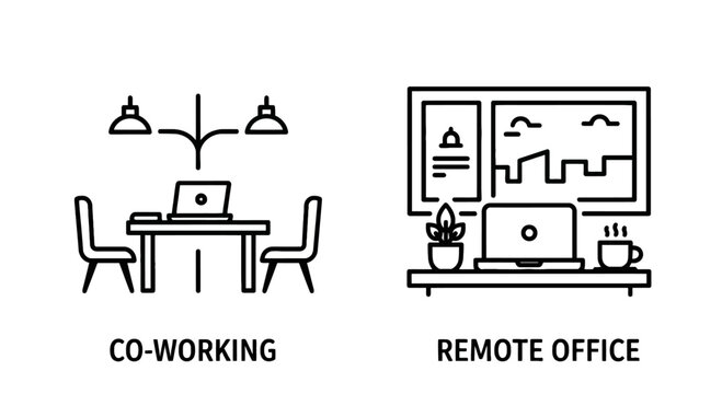 Set of business workspace environment icons featuring co-working office desk setup and remote office workspace workstation for modern business operations