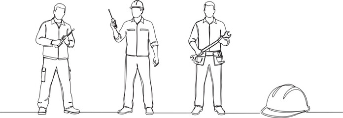 Obraz premium Set of builder with screwdriver in a work uniform, electrician, handyman, hard hat one line art Single line draw design vector graphic illustration