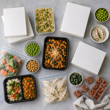Premium Frozen Dinner Assortment with Blank Packaging Overhead
