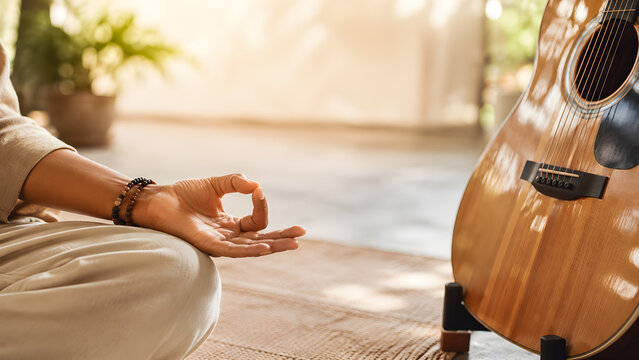 Meditation hand gesture beside acoustic guitar in peaceful room