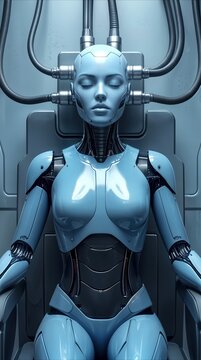 Sleek blue gynoid sitting with closed eyes while connected to thick black cables in a futuristic laboratory. Maintenance or charging process of a high-tech artificial intelligence unit.