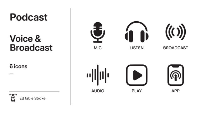 Podcast Icons Set for Audio Streaming Microphone and Broadcast Design
