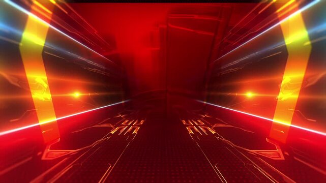 Animated Arrows Moving Forward on Abstract Background Scene. Animation loop with orange and red arrows flying over retro futuristic grid floor. A digital blue bar chart representing grow