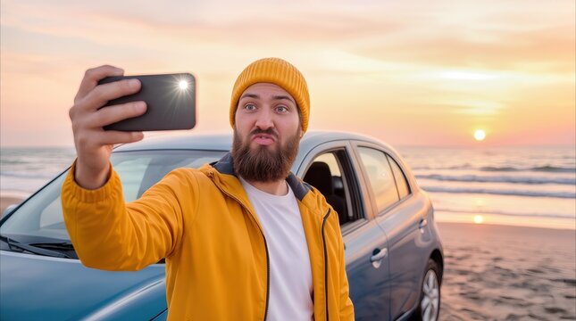 Tourist making funny face while taking selfie with smartphone on beach at sunset. Young man posing for social media photo next to car during road trip.