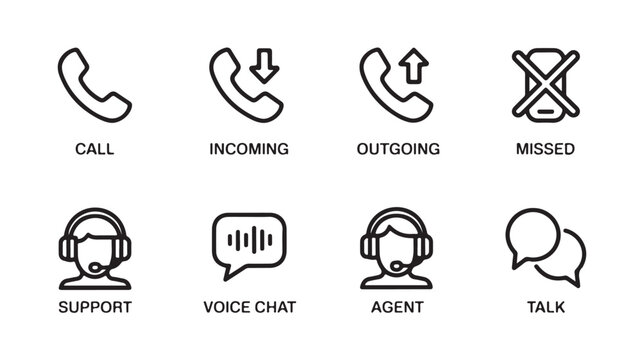 Communication Icons Vector Set: Minimal Black and White Phone, Customer Support, and Chat Symbols