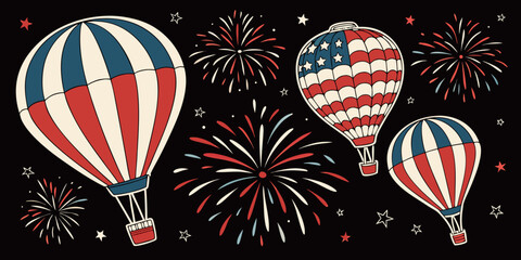 Obraz premium Patriotic hot air balloons and fireworks, vector