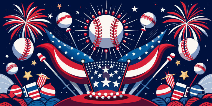 Patriotic baseball celebration with stars and fireworks, vector