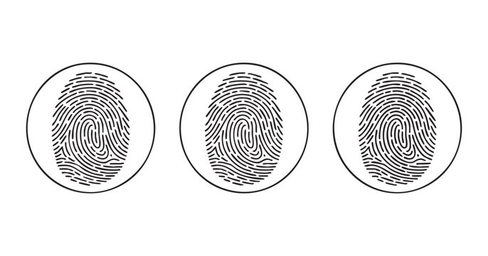 Three black fingerprint icons set isolated on transparent background for biometric security systems.