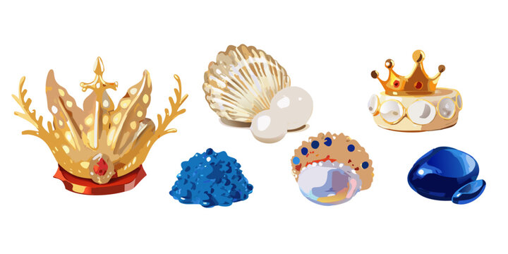 Set of fantasy kingdom and ocean treasure icons, vector