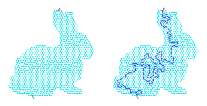 Rabbit maze design in blue with complex paths and outlines  
