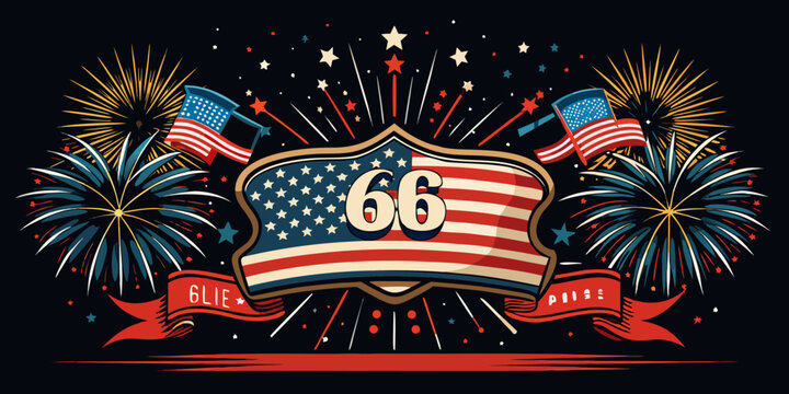 66th Anniversary celebration with American flags and fireworks, vector