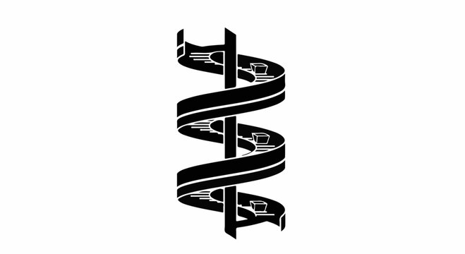 Stylized black and white DNA helix illustration representing science and genetics
