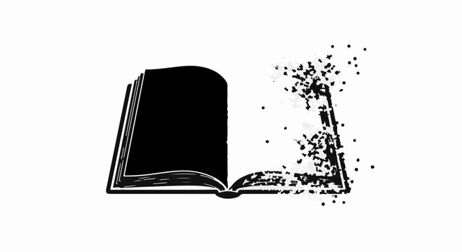 Open book dissolving into particles, symbolizing knowledge fading or information loss.