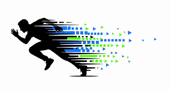 Dynamic silhouette of a runner dissolving into digital data streams, symbolizing speed and technology.