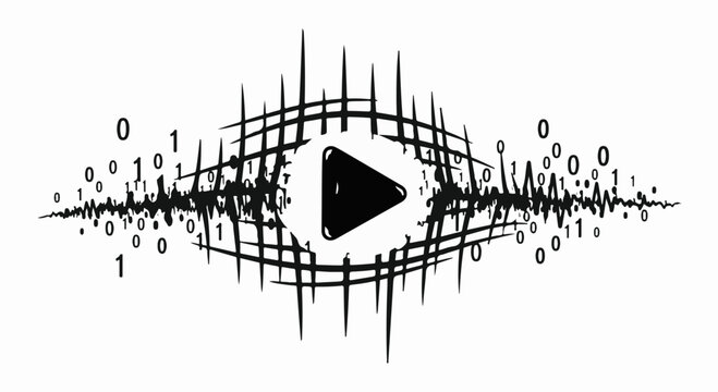 Digital eye with sound wave and play button symbolizes data visualization and technology.
