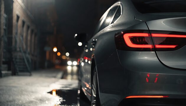 Rear view of a modern silver car with illuminated red taillights on a wet city street at night automobile
