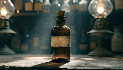 Fototapeta premium Vintage amber glass potion bottle with cork stopper and blank label in a dimly lit room antique