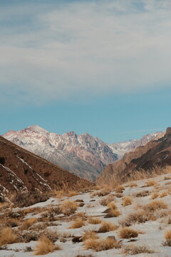 Snowy trekking path through the valley in Aconcagua National Park