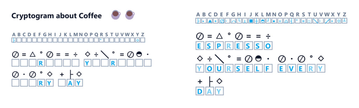Cryptogram puzzle about coffee featuring letter substitution scheme  