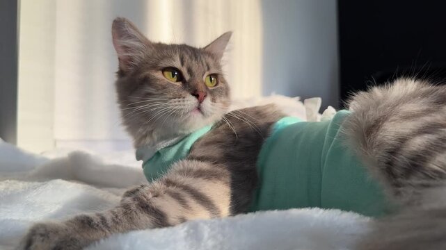 A gray cat in a post-operative blanket lies on a white rug