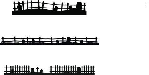 Obraz premium Cemetery Silhouette With Fences And Tombstones Black On White Background