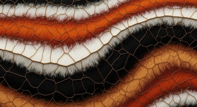 Closeup of colorful butterfly wing with orange white and black patterns and veins isolated on transparent background