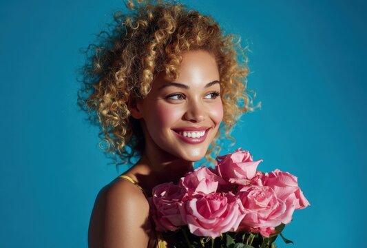 A smiling young woman with curly blonde hair holding a bouquet of pink roses against a solid vibrant blue background, in a studio portrait