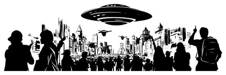 Alien UFO invasion over city skyline with people crowd pointing at flying saucer silhouette vector illustration © Luka