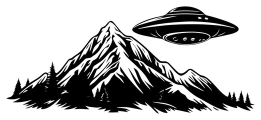 Alien UFO flying saucer hovering over mountain peak landscape with pine forest black and white vector illustration © Luka