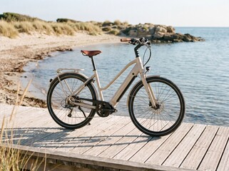 Fototapeta premium Beige electric bicycle, fully captured, bright and professional photography, no logo, on a wooden deck right next to a quiet sea shore.