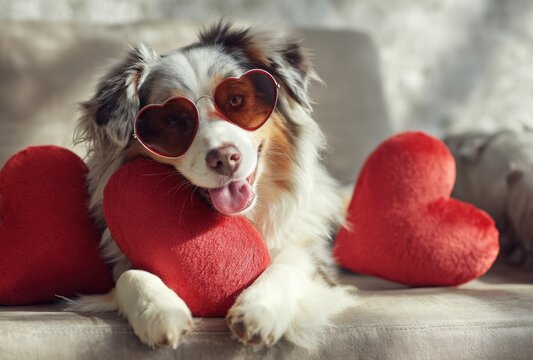 Australian shepherd dog wearing red heart shaped glasses lying on a beige couch with red plush heart pillows for a romantic holiday celebration