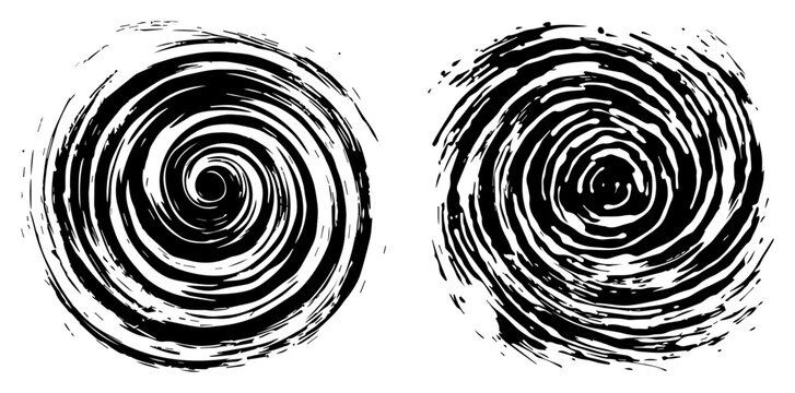 Abstract spiral vortex swirl set with hypnotic circular patterns and hurricane motion shapes black and white vector illustration