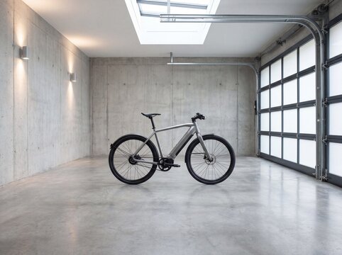 Titanium gray electric bicycle, fully captured, bright and professional photography, no logo, standing in the middle of an empty modern garage box.