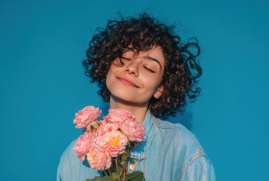 Happy young woman with short curly hair holding a bouquet of pink roses against a solid blue background, for a romantic floral