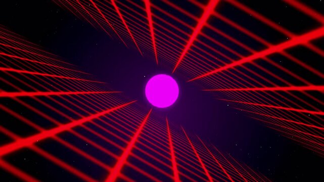 Futuristic Abstract Tunnel With Glowing Red Laser Grids and Purple Light Sphere.