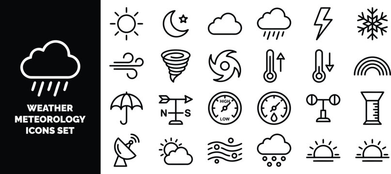 Weather and meteorology line set, including symbols for sun, rain, snow, wind, storm, thermometer, and atmospheric measurement tools