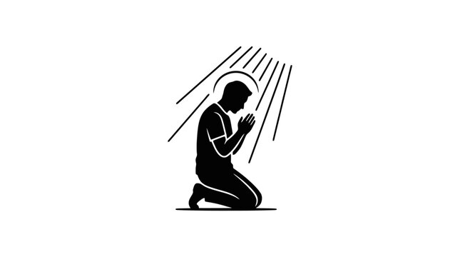 Man kneeling in prayer with divine rays.