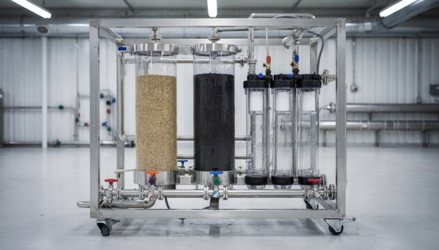Medium shot of a compact multistage filtration skid with water flowing sequentially through sand carbon and cartridge filters in a streamlined industrial setting.