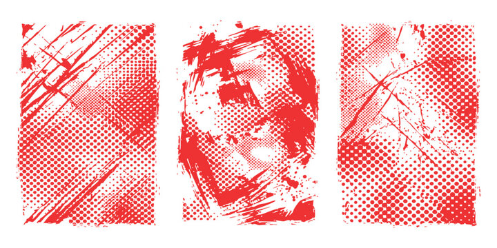 Set of three abstract red halftone and grunge texture background designs for modern artistic print projects