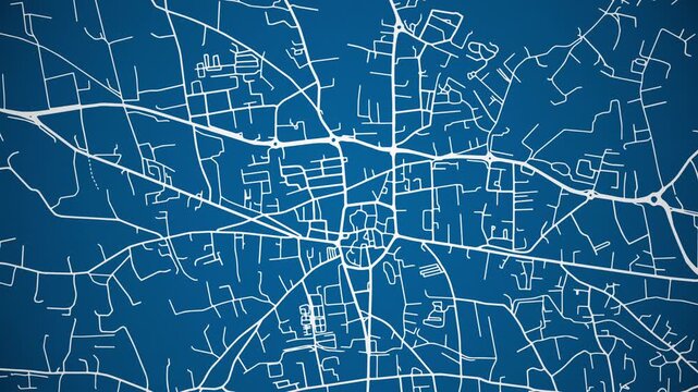 Ink reveal animation of Saint Remy de Provence, Provence Alpes C&ocirc;te d'Azur, France grid map. Aerial top view. Blueprint style. White lines with blue background. 4K Seamless loop.