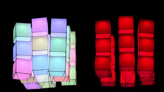 Multiverse, many multicolored cubes floating in the air on dark background