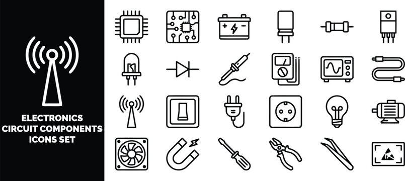 Electronics circuit components and tools set, featuring microchips, resistors, soldering iron, multimeter, and electrical hardware symbols