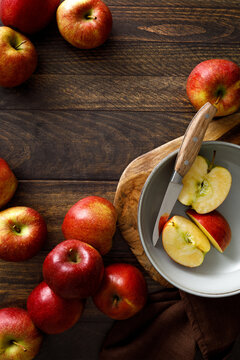 Apple. Ripe juicy red apple fruits with natural vitamins and antioxidant, healthy food, top view
