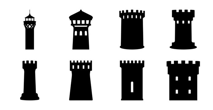 Medieval castle tower and battlement illustrations - Eight stylized black and white vector icons of medieval castle towers and battlements for graphic design use.