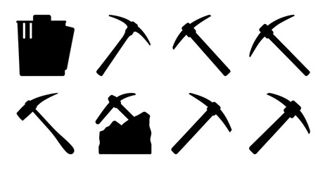 Black mining pickaxes and shovel set icons - Clean black vector icons of mining tools including pickaxes and a shovel, perfect for industrial or adventure themes. © Md