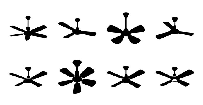 Black fan blades in different styles - Various black ceiling fan blade designs shown in simple line art style for icons or illustrations.